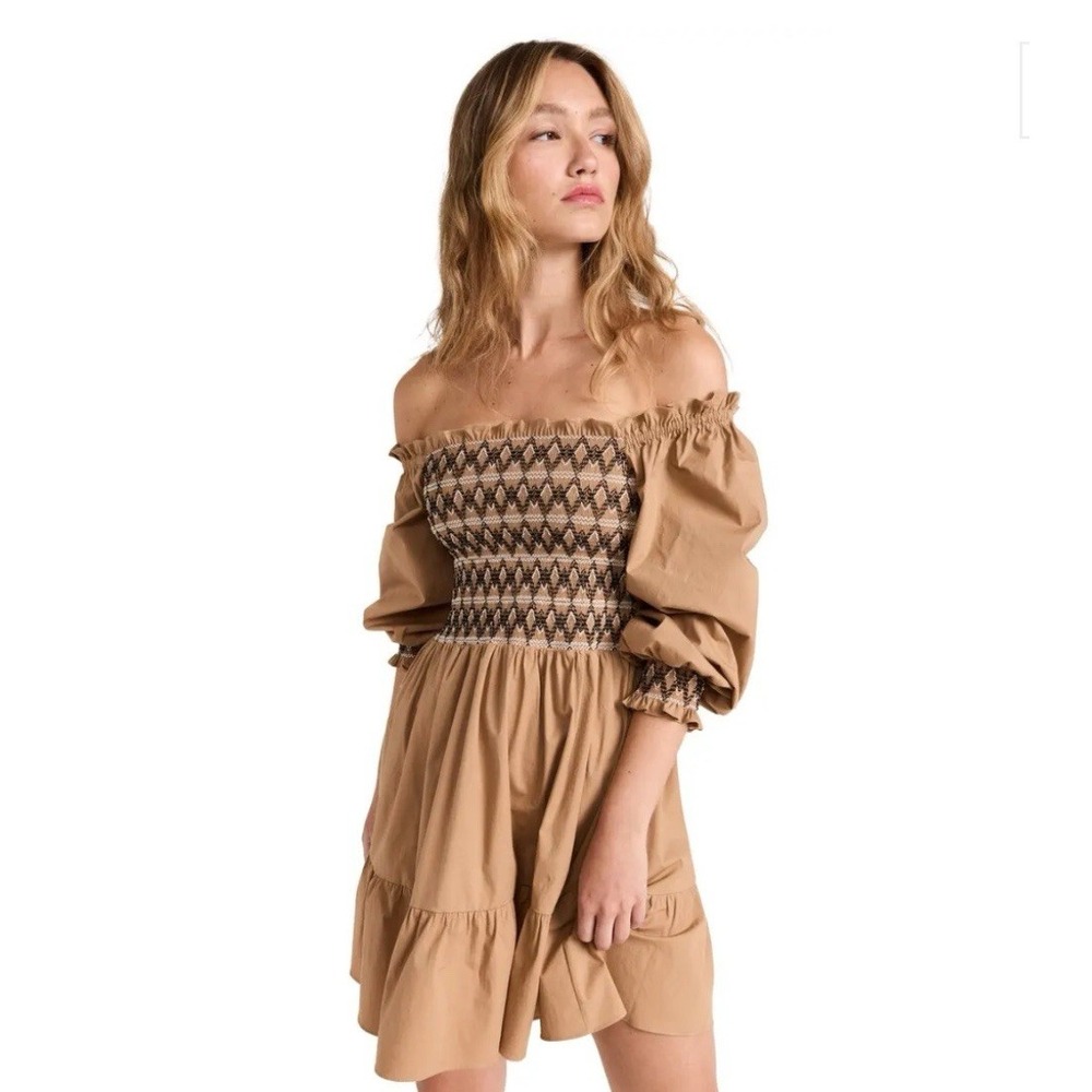 Shoshanna Celina Smocked Dress Size 4 Almond Tan Puff Sleeve Fit & Flare Mini